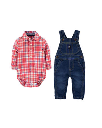 CARTER/'S 2PC RED BUFFALO CHECK PLAID BUTTON DOWN SHIRT PANT SET NB 3M